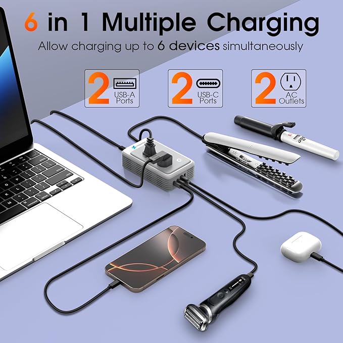 Global Voltage Converter US to Europe for Curling Iron and Hair Straighteners, Power Converter for European Travel Plug Adapter with 2 USB A & 2 USB C Ports, Compatible with 200+ Countries