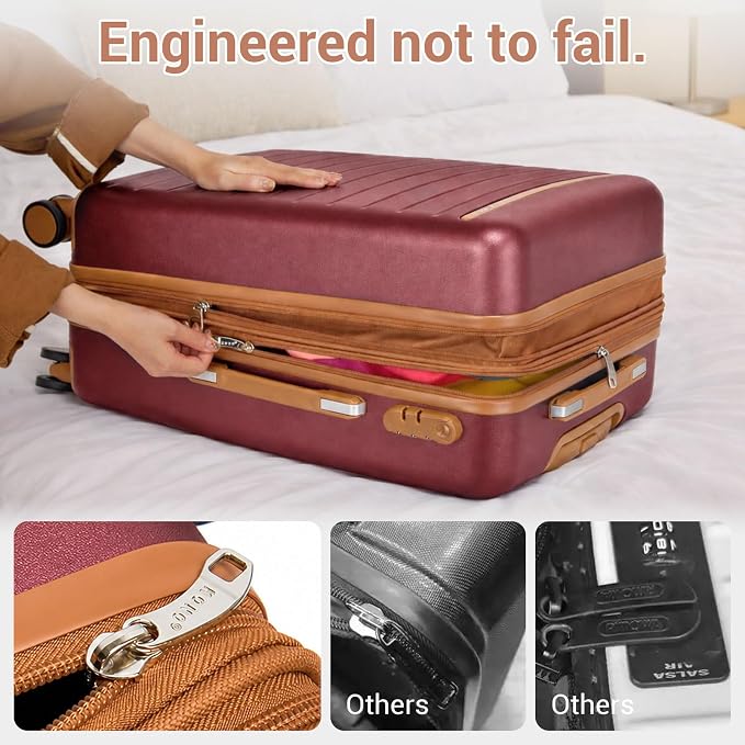 Kono 24 Inch Check In Suitcase Expandable Luggage, Business Travel Suitcase for 5-7 Days, Durable ABS+PC Hardshell with Side Handles & Kick Plates, Double Spinner Silent Wheels, Burgundy