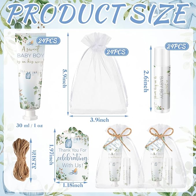 Lounsweer 24 Sets Boy Baby Shower Party Favors for Guests Greenery "a Sweet Baby Boy Is on His Way" Theme Cute Clothes Design Travel Size Hand Cream and Lip Balm Gifts Sprinkle Favors