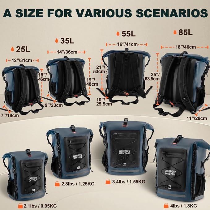 OSAH DRYPAK Waterproof Backpack Dry Bag 35L/55L/85L – Heavy Duty Roll-Top Hiking Backpack Sack Keeps Gear Dry for Travel, Kayaking, Boating, Camping, Rafting and Fishing
