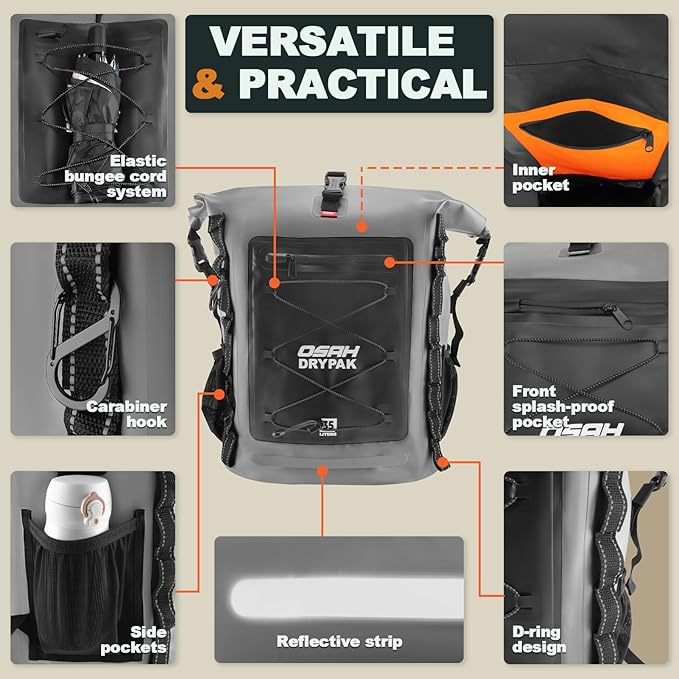 OSAH DRYPAK Waterproof Backpack Dry Bag 25L/35L/55L/85L – Heavy Duty Roll-Top Hiking Backpack Sack Keeps Gear Dry for Travel, Kayaking, Boating, Camping, Rafting and Fishing