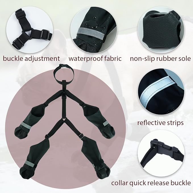 Dog Suspenders Boots, Winter Snow Shoes for Medium Dogs, Waterproof Dog Boots for Rain Mud, Anti-Slip Stay-On for Active Dogs, Adjustable Reflective Paw Protector for Walking Hiking, L Black