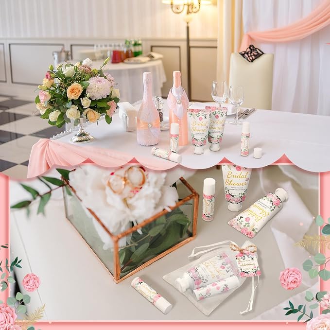48 Sets Bridal Shower Gifts for Guest Set Wedding Hand Cream and Lip Balm Rose Flower Bridal Shower Party Favor Prizes with Thank You Cards Organza Bags Tags for Guest Women Men Friend Wedding