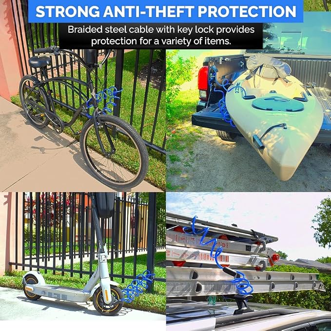 DocksLocks Coiled Security Cable with Key Lock (5’, 10’, 15’, 20’ or 25’ Lengths), Weatherproof Multi-Purpose Anti-Theft Protection for Kayaks, Bikes, Paddleboards, Scooters, Equipment and More 15ft