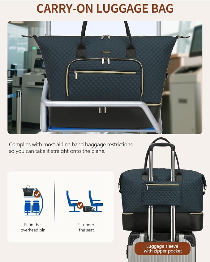 Weekender Bags for Women Travel, Under Seat Carry On Bags for Airplanes Overnight Bag with Shoe Compartment Luggage Sleeve, Foldie Travel Tote Bag Hospital Bag, Travel Gifts, PeacockBlue Black