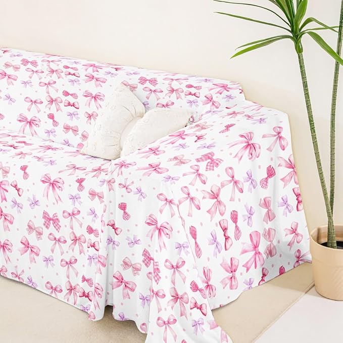 Pink Bow Sofa Slipcover Dreamy Princess Style Bowknot Non Slip Fuzzy Pet Couch Covers for Sofa,Cute Bowknot Kawaii Bow Tie Sofa Cover Furniture Protector Couch,91"x150" Pink Decor For Bedroom