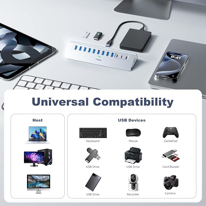 Powered USB Hub 10Gbps, intpw 12-Port USB 3.2 Hub with USB A/USB C 3.2, 7 USB 3.0, 2 PD 45W Charging Port, 65W Power Adapter and 5FT Cable, Aluminum USB Hub for Laptop, iPhone 17/16/15/PC