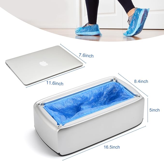 LYSHIYI Shoe Cover Dispenser with 200pcs Disposable Shoe Covers, Automatic Shoe Cover Machine Fits shoes up to Men's size 12, Suitable for Home, Factory, Hospital (Silver)