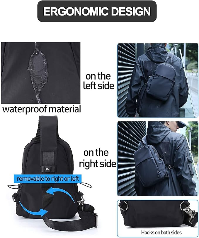 SEAFEW Medium Black Black Sling Bag for Men and Women - Sport Crossbody Backpack for Pickleball, Tennis, Racketball