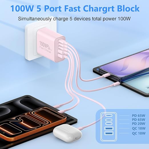 QZIIW USB C Wall Fast Charger Block, 100W 5-Port Type C Fast Charging Block 3 Pack-PD Power Charger Adapter QC 3.0 USB Multiport Charger Brick for iPhone 17 16, Samsung Series MacBook/Air, iPad, etc.