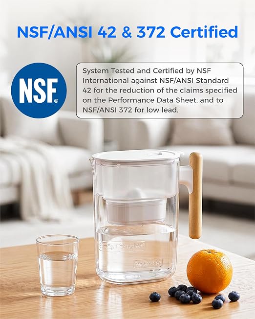 Waterdrop PT-04C Water Filter Pitcher, 10-Cup Capacity, NSF Certified, 200-Gallon Long-Life Filter, 5X Longer Filter Life, Reduces PFOA/PFOS and Chlorine, BPA-Free, Sturdy Wooden Handle, Clear
