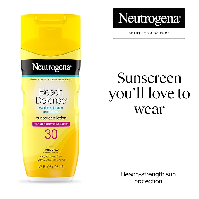 Neutrogena Sunscreen Lotion Beach Defense SPF 30, Face and Body Sunscreen, Hawaii Reef Act 104 Compliant, Octinoxate & Oxybenzone Free, Oil Free, Fast Absorbing Sun Care, 6.7 fl. oz (Pack of 12)