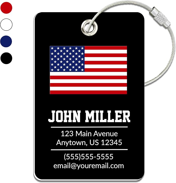 Personalized Luggage Tag with American Flag | Custom Luggage Tags for Suitcases | Kids Backpack Tag | 4 Color Options & Choose Font, Font Color