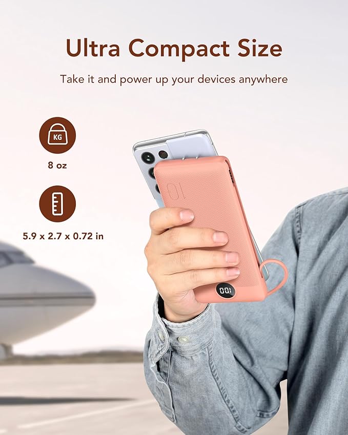 VEGER Portable Charger Power Bank with Built-in AC Plug and Cables, All in One 10000mAh Ultra Slim Travel Essentials, Fast Charging Battery Pack Compatible with iPhone, Samsung, More, Dark Pink