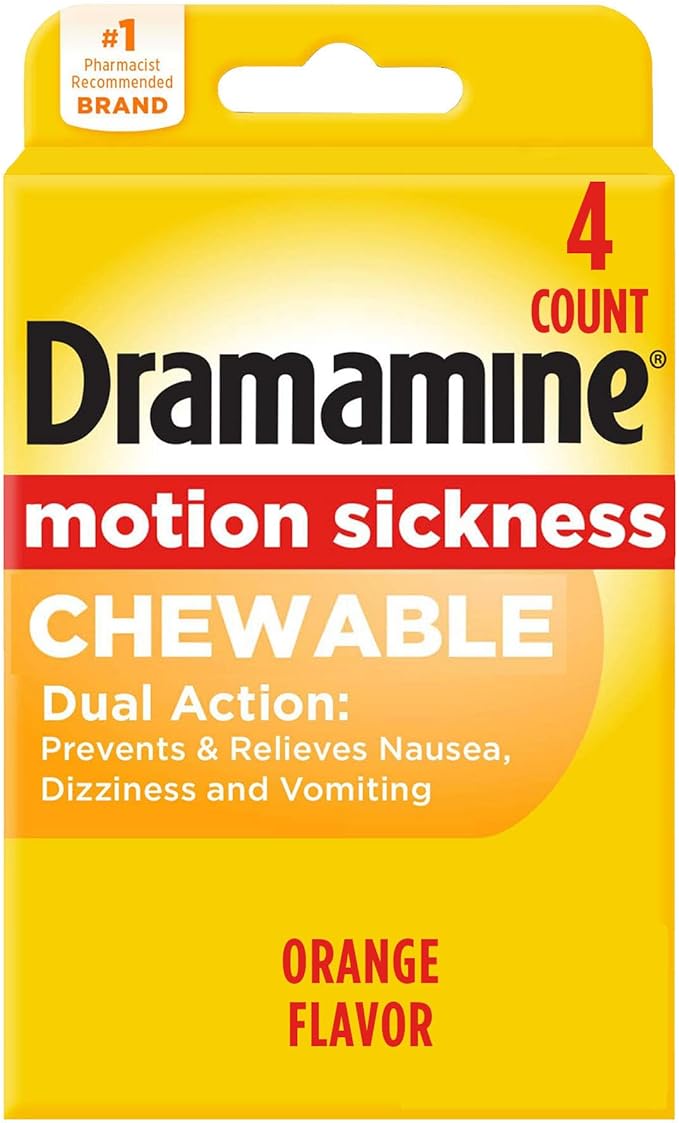 Dramamine Motion Sickness Chewable, Tablets to Prevent & Relieve Motion Sickness, Dizziness & Nausea, Orange Flavor, 4 Count