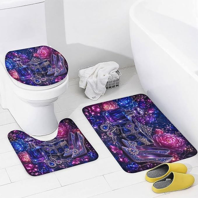 Magical Crystal Shoes And Jewelry Set Bathroom Rug Set 4 Piece with Shower Curtain Non Slip Bath Mat Set Microfiber Bathroom Decor Toilet Lid Cover U Shape Rug Waterproof Bathroom Accessories