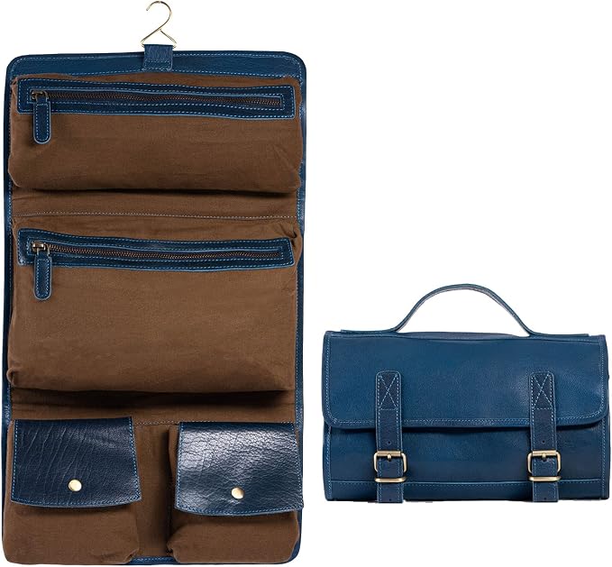 KomalC Premium Buffalo Leather Hanging Toiletry Bag Travel Dopp Kit