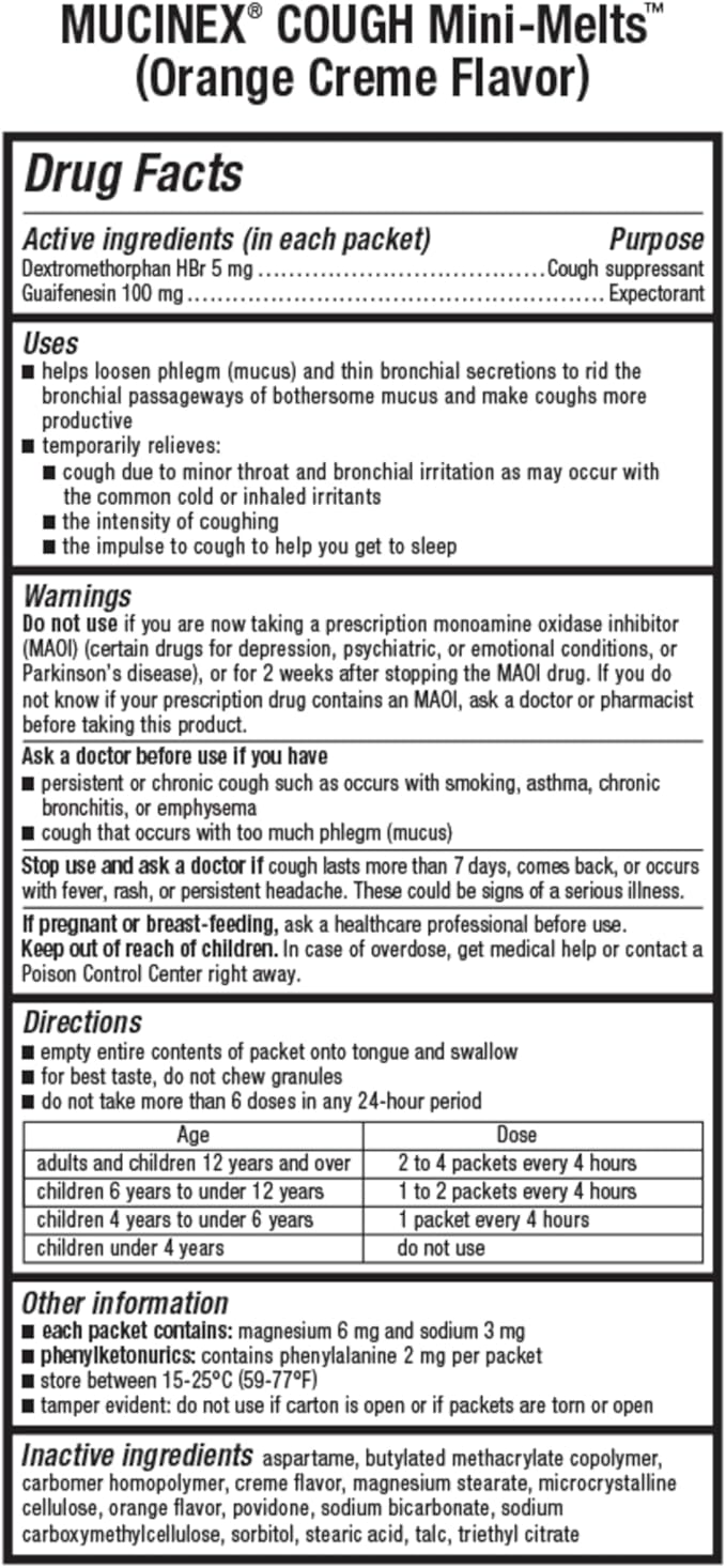 Mucinex Children's Chest Congestion Expectorant and Cough Suppressant Mini-Melts, Orange Cream, 12 Count (Packaging May Vary) (Pack of 2)