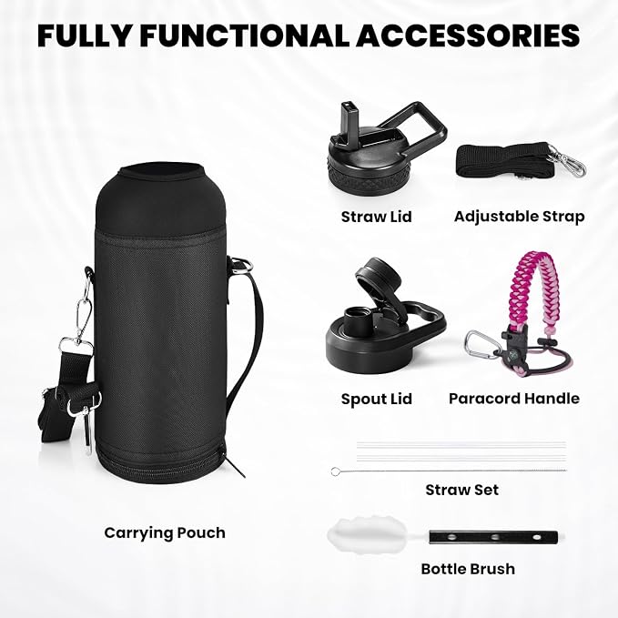 RAYMYLO Insulated Water Bottle 40 oz, Triple Wall Vacuum Stainless Steel (Cold for 36Hrs, Hot for 18Hrs), Leak Proof & Non-BPA, Modern Water Flask Jug with Paracord Handle & Straw Spout Lids