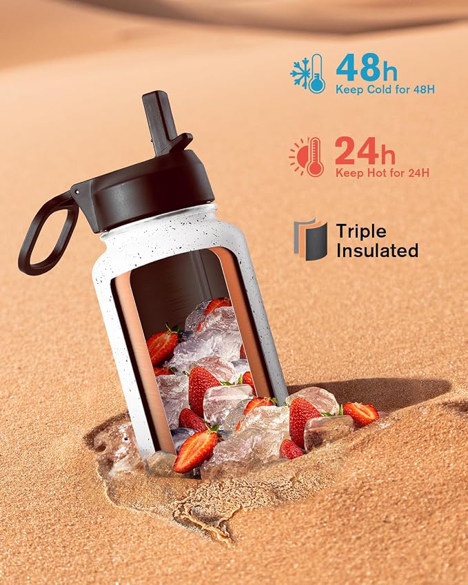 Coolflask Water Bottle 40 oz Insulated with Straw, Stainless Steel Metal 3 Lids Water Flask for Sports or Office, Keep Cold 48H Hot 24H, Arctic White