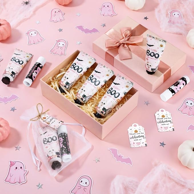 50 Sets 200 Pcs Pink Boo Baby Shower Hand Lotion and Lip Balm Gift Theme Baby Shower Party Favors Travel Size Hand Lotion and Lip Balm Bulk with Organza Bags Tags