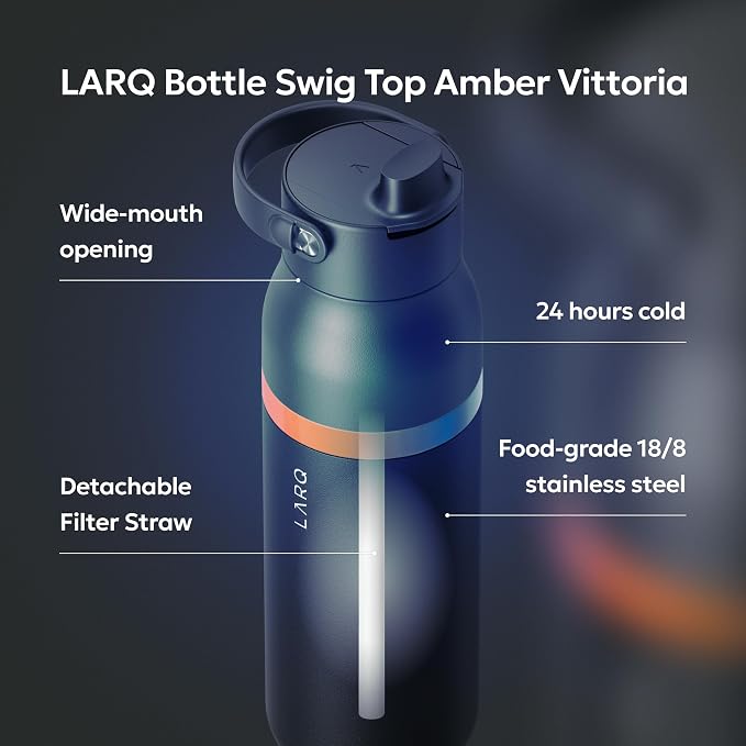 LARQ Swig Top Amber Vittoria — Insulated Stainless Steel Water Bottle with Straw, Silicone Handle, Vacuum 24h Cold, BPA-Free Metal Bottle for Gym, Travel, Office — 23 oz, Obsidian Black