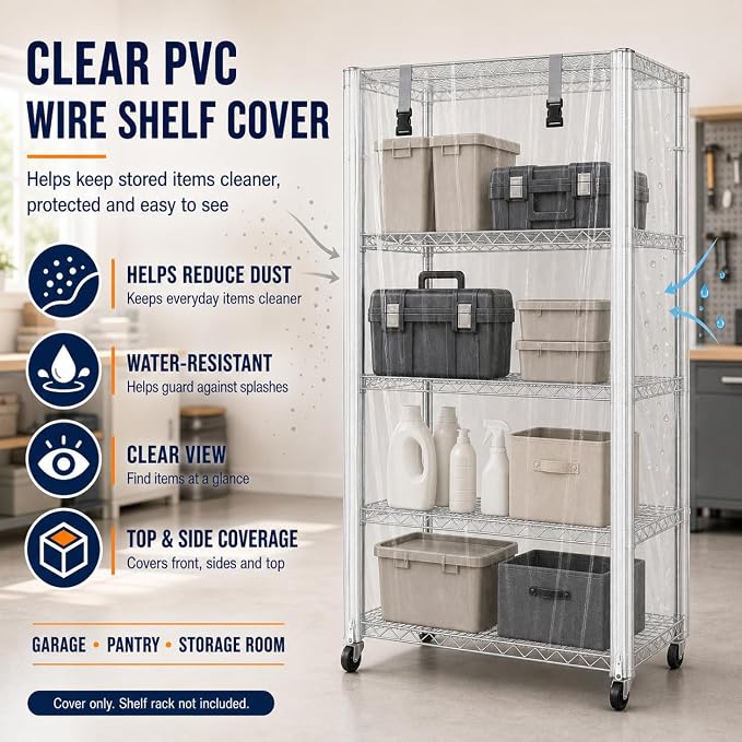 Clear Wire Rack Cover for Wire Shelving – Heavy-Duty PVC Dustproof Storage Rack Protector with Dual Front Zippers, 48" x 24" x 72" (Cover Only)
