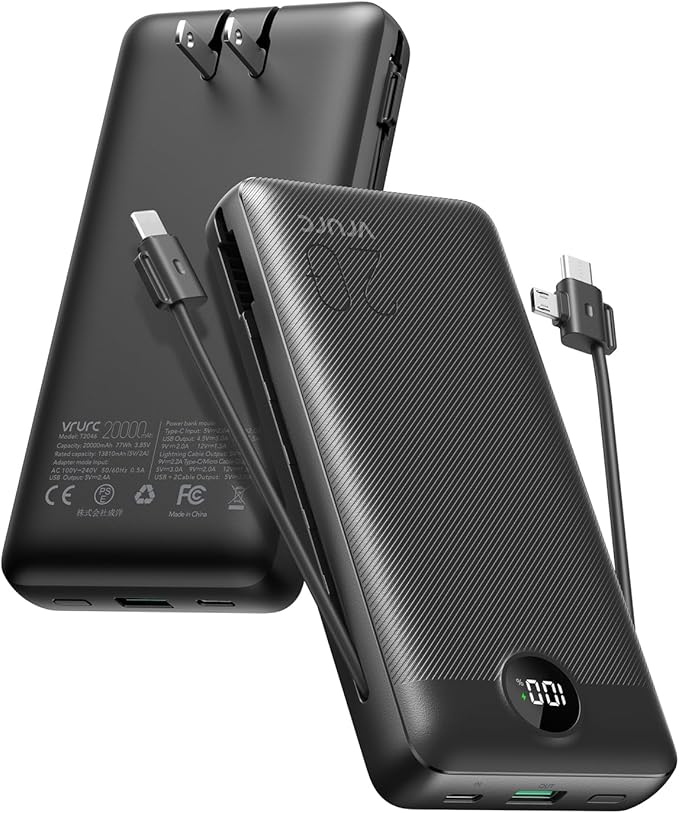 VRURC Portable Charger 20000mAh, Fast Charging Power Bank USB C,4 Output 2 Input Travel Essentials Charging Bank Equipped with LED Display,Built-in Wall Plug and Cables,Phone Charger Battery,Black