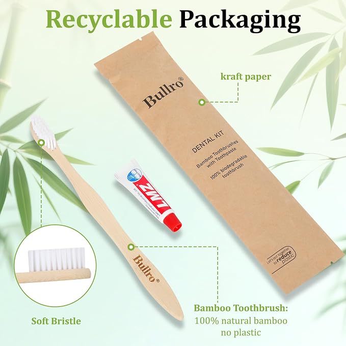 Bamboo Disposable Toothbrush Kit (100 Pack) with 6g Toothpaste - 100% Natural Biodegradable - Individually Wrapped Disposable Amenities for Hotel, Airbnb, Travel, Camping, Homeless & Guest Use