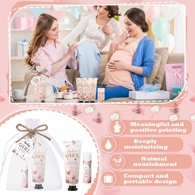 48 Sets/192 Pcs Girls Baby Shower Favors for Guests Pink Floral Hand Cream and Lip Balm Bulk Baby Girl Shower Party Thank You Gifts for Guests Travel Size Gender Reveal Game Winners Prizes
