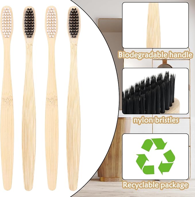Vesici 400 Pcs Bamboo Toothbrushes Bulk Soft Bristles Toothbrushes with Micro Fur Wooden Bamboo Teeth Brush Manual for Adults Travel Family Hotel Individually Packaged (Black,White)
