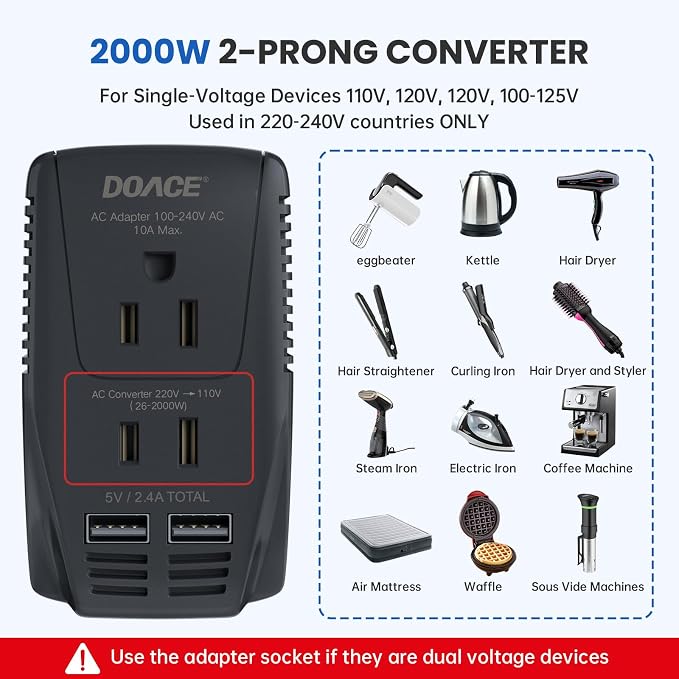 Upgraded 2000W 220V to 110V Converter for European Travel, Voltage Converter US to Europe for Hair Dryer Straightener Curling Iron, 2300W Adapter with EU/UK/AU/US Plugs for Laptop Camera Cell Phone