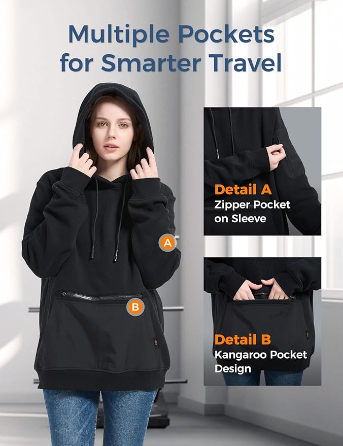Travel Hoodie with Built-In Eye Mask for Airplane Travel Breathable Comfort Pullover Sweatshirt Multiple Pockets