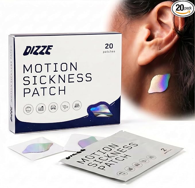 Dizze Motion Sickness Patches for Cruise & Travel – Non Drowsy Nausea Patch with Ginger – Sea Sickness Relief for Boats, Cars, Flights, Gaming – Motion Sickness Patches for Kids & Adults (20 Count)