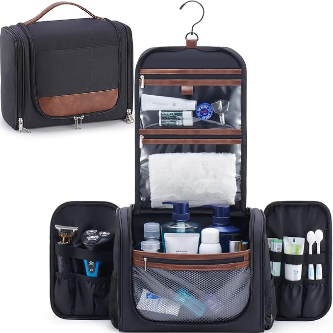 Ralnitote Large Hanging Toiletry Bag for Men, Travel Bathroom Bag with Hook, Hygiene Bag Organizer for Shower, Shaving & Grooming Essentials, Black