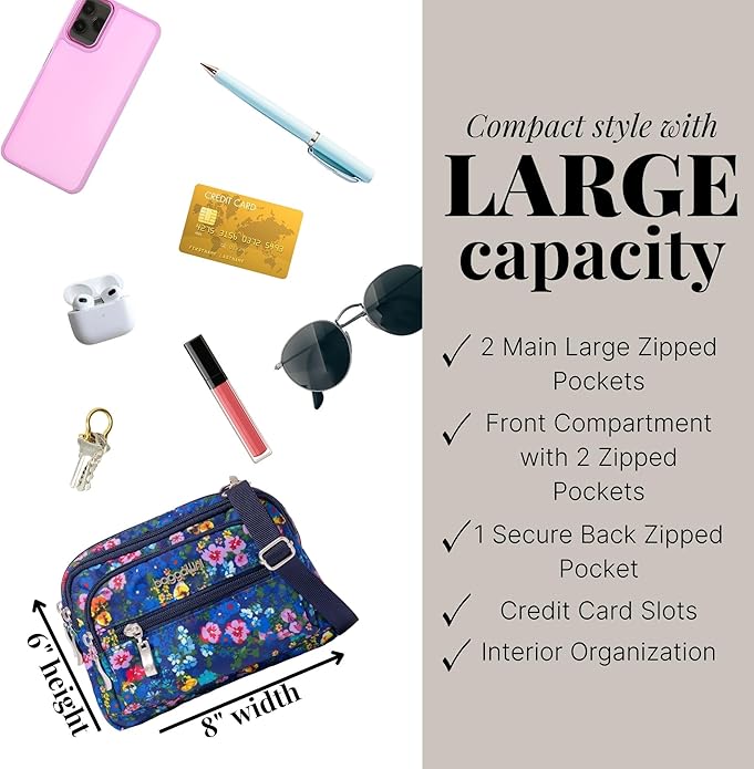 Baggallini Triple Zip Small Crossbody Bag for Women - Lightweight Convertible Fanny Pack Belt Bag
