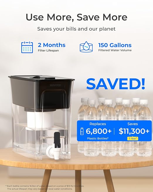Waterdrop WFD-02L Water Filter Dispenser, Fluoride Reduction, 35-Cup with 1 Filter, 150-Gallon Long-Life, Large Capacity, Reduces Chlorine, PFOA/PFOS and More, BPA Free, Black