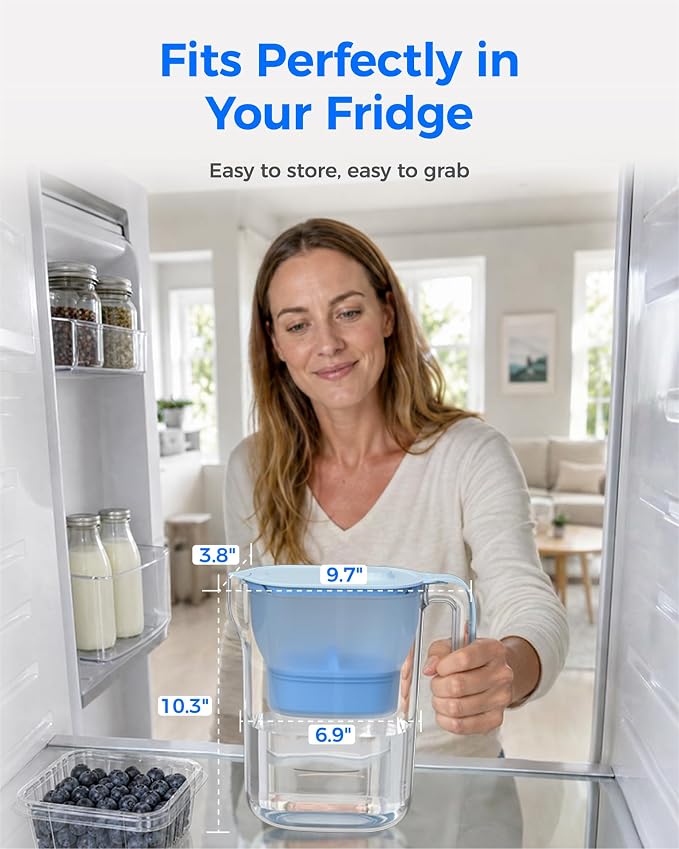 Waterdrop PT-05B-AL Alkaline Water Filter Pitcher, 7-Cup, Mineralized Alkaline Water, Healthy, Clean & Toxin-Free, Up to 100 Gallons, Up to pH 9.5, BPA-Free, for Fridge, Countertop & Gift, Blue