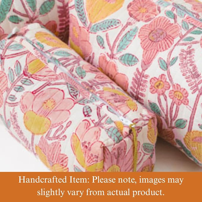 Saffron Marigold Quilted Makeup Bag Set of 3, Hand Block Printed Cotton Cosmetic Bags for Women, Waterproof Lined Travel Toiletry Bag, Coquette Floral Aesthetic, Handmade Gift, Sunspell Garden