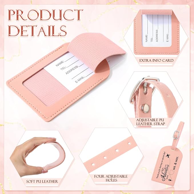 Dandat 50 Sets Luggage Tags Bulk Destination Wedding Favors for Guest Adventure Begins Favor with Thank You Cards and Organza Bags for Travel Wedding Bridal Shower Return Favors, Pink Brown