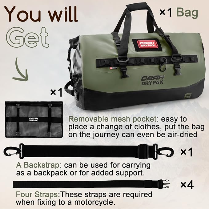 OSAH DRYPAK Waterproof Duffel Bag 25L/40L/60L – Heavy-Duty Motorcycle Tail Bag, Roll-Top Dry Bag for Travel, Camping, Boating, Kayaking, Outdoor Adventure