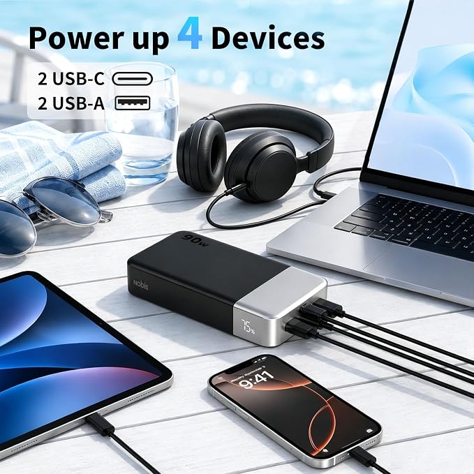 NOBIS 90W 20,000mAh Power Bank, Laptop Portable Charger 4-Port PD Fast Charging Battery Pack Digital Display for Laptop, Tablet, Phone and More