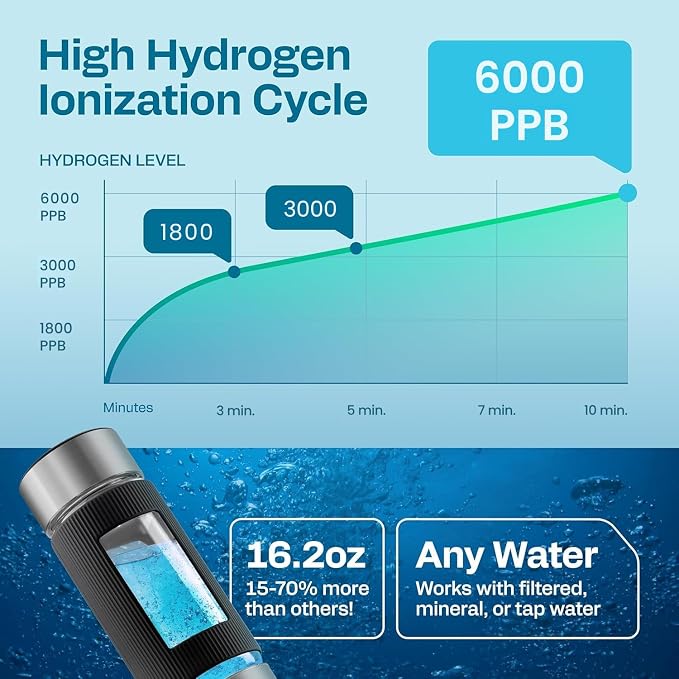 Hydrogen Water Bottle | 16.2 oz (480 ml) Hydrogen Water Generator | 6000 PPB Hydrogenator Machine | SPE/PEM Ionizer Generator (Silver)
