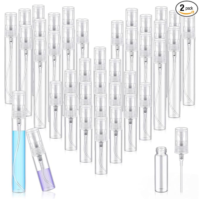 Zhehao 2 Pcs Mini Spray Bottles 5 Ml, 10 ml Clear Glass Perfume Bottles Refillable Fine Mist Perfume Atomizer Portable Empty Sample Containers for Cleaning, Essential Oils, Travel (Clear Cap)
