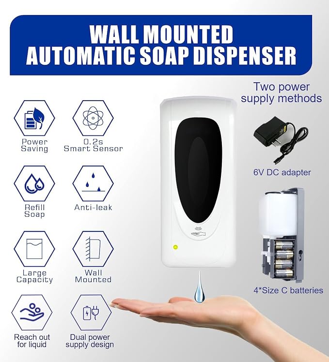 Automatic Soap Dispenser for Kitchen Sink, Commercial Liquid Touchless Soap Dispenser Wall Mounted, Refillable Sensor Hands-Free Dispensers for Office Hotel School Restaurant, 33oz/1000ml