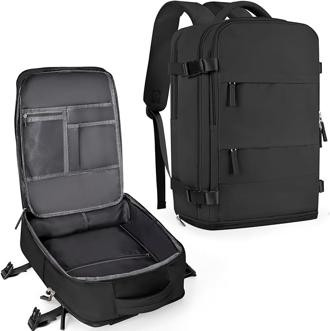 coowoz Large Travel Backpack For Women Men,Carry On Backpack Flight Approved,Hiking Backpack Waterproof Outdoor Sports Rucksack Casual Daypack Fit 15.6 Inch Laptop Shoes Compartment (Black)