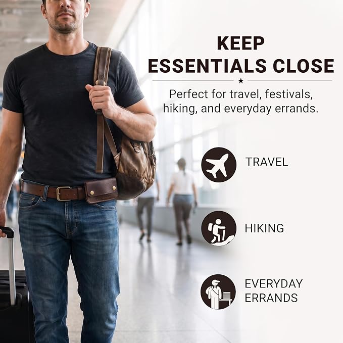 ROGUE WALLET Brown Travel Belt Wallet for Men – Full Grain Leather Cash Holder with Secure Snap Closure, Hidden Card & ID Carrier - Slim Travel Accessory for Everyday Carry