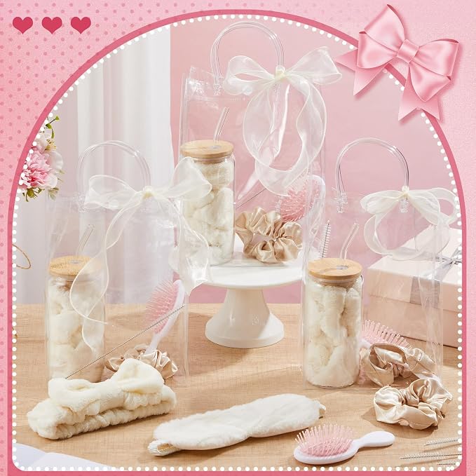 37 Pcs Spa Sleepover Party Supplies for Girls, 6 Set Spa Party Favors, Include Cups, Hairbands, Sleep Eye Mask, Headband, Brush, Tote Bags with Ribbon for Beige Sleepover Birthday Favors