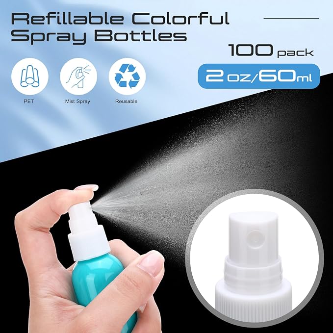 LemonRoad 100 Pack 2 oz Mini Spray Bottles Bulk Small Plastic Fine Mist Spray Bottles Pink Blue Asst Colors Leak Proof Mini Empty Refillable Travel Size Hair Colorful Sprayer Bottle for Cleaning