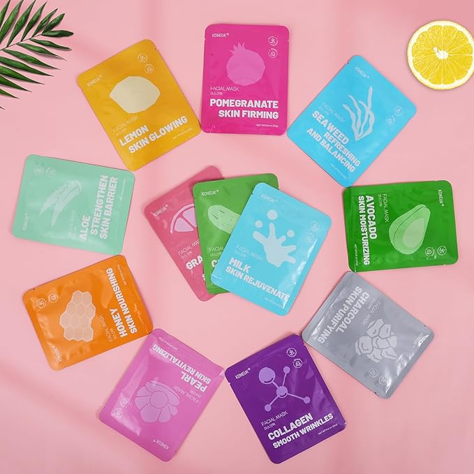 KONEUK 12 Pack Collagen Hydrating Face Masks Skincare, Sheet Face Mask for All Skin Types, Facial Masks Set for Women Skin Care, Face Mask Bulk Spa Gifts for Women